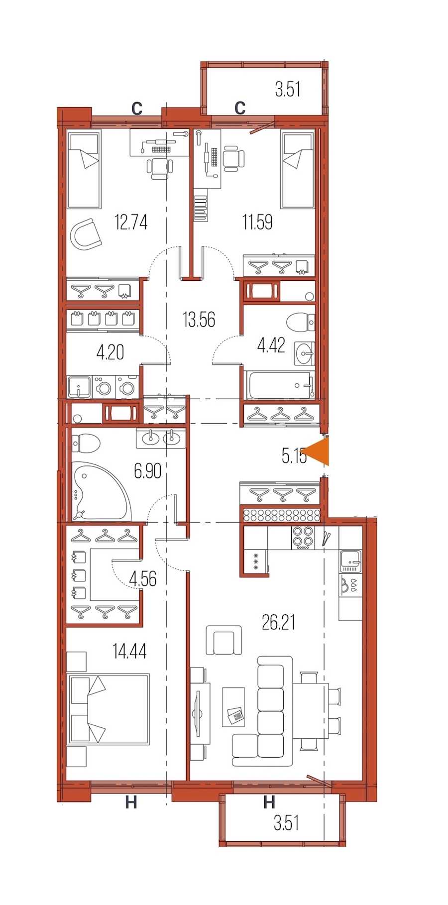 Трехкомнатная квартира в : площадь 103.77 м2 , этаж: 16 – купить в Санкт-Петербурге